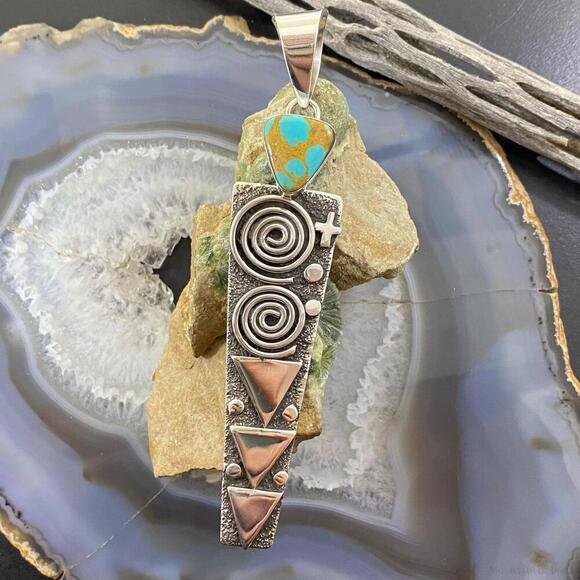 Alex Sanchez Sterling Silver Turquoise Petroglyph Long Unisex Pendant - Picture 2 of 10